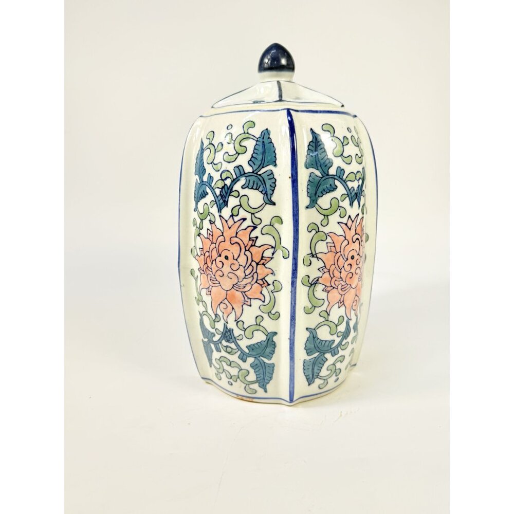 Ginger Temple Jar Lidded Vintage Chinoiserie Blue White Pink Rose pattern Home S - Picture 12 of 16